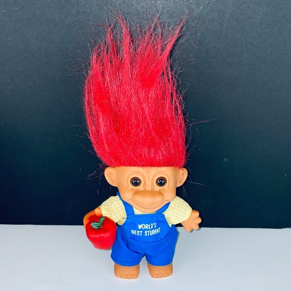 Russ Troll Doll Worlds Best Student Red Hair Apple Blue Overalls Toy Figure - Picture 1 of 4